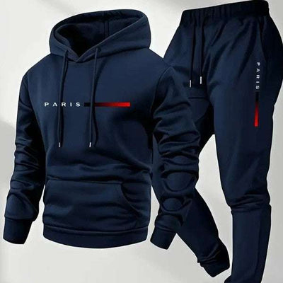 Long sleeve navy blue hoodie and matching trousers set with Paris text design
