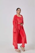 Dames 3-delige set loungepak met crop top, lange cardigan en brede broek in zachte rode stof