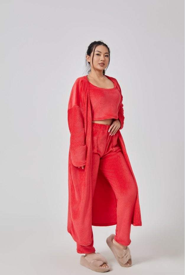 Dames 3-delige set loungepak met crop top, lange cardigan en brede broek in zachte rode stof