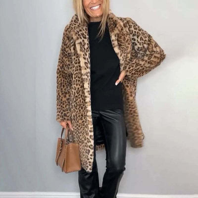 Women's Leopard Print Plush Jacket, Cozy Loose-Fit Warm Coat Elegant Medium-Length Fall Winter Outwear Nexora Store