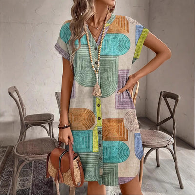 Bedrukte geweven elegante V-hals jurk met knopen Ritchy's Shop