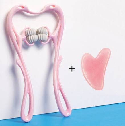 Roze ergonomisch nekmassage-apparaat met zes wielen en natuurlijke jade schraper voor deep tissue massage en spierspanning verlichting