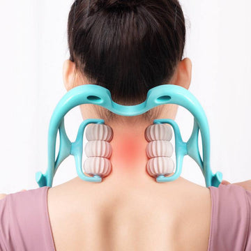 Blauw ergonomisch nekmassage-apparaat met zes wielen voor diepe weefselmassage en pijnverlichting van nek en schouders