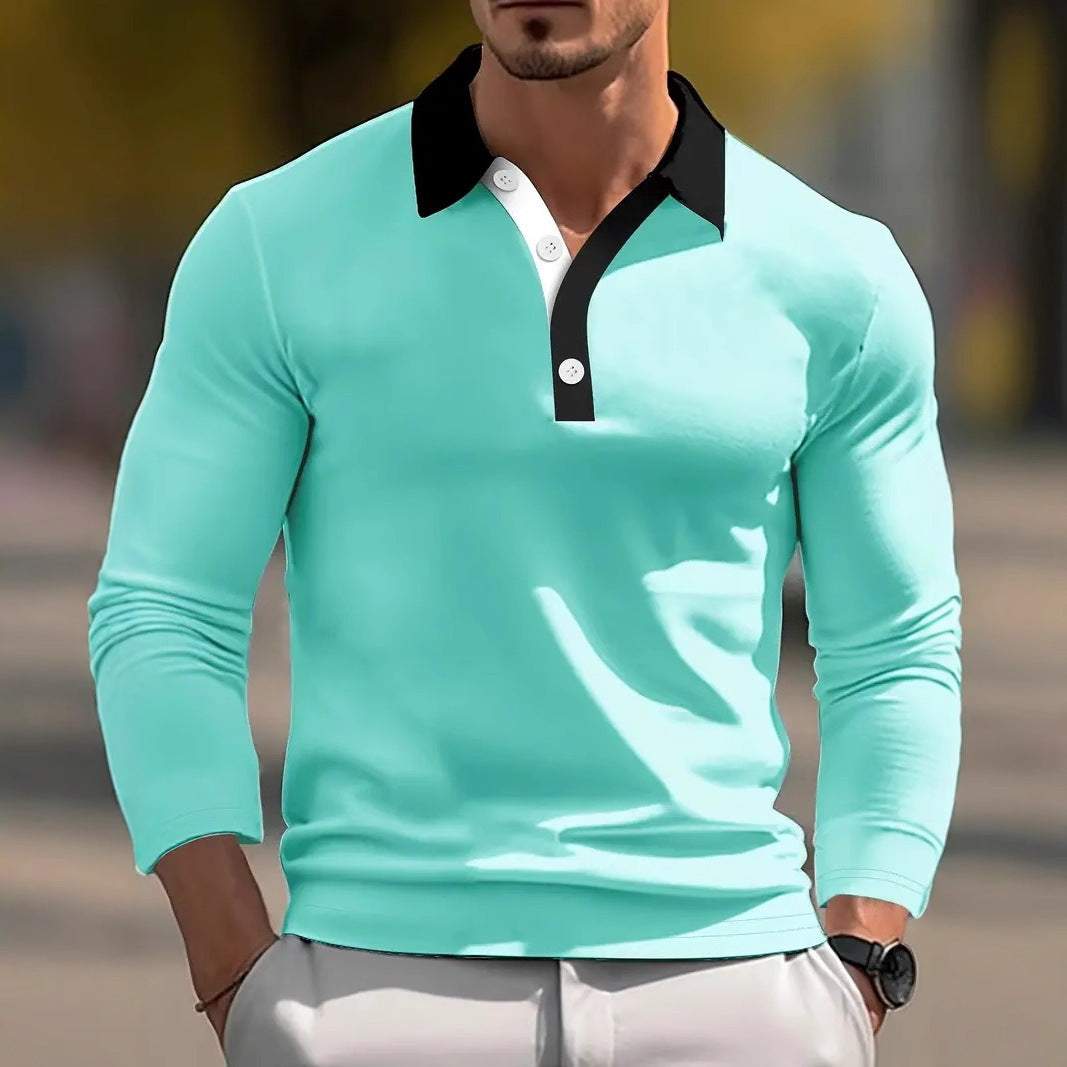 Man wearing mint green design button lange sleeve retro loose fit pullover top with black collar and white button placket
