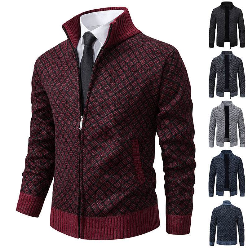 Men's slim fit thickened plaid print jacket cardigan with zipper and stand collar in multiple colors for winter casual wear