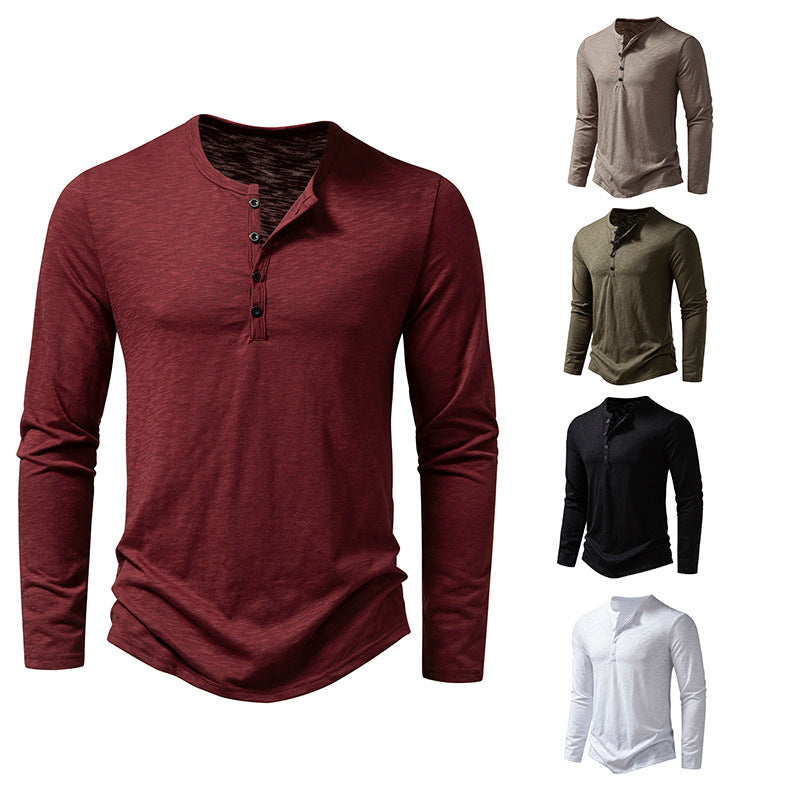 Men's Long-sleeved T-shirt Fashion Casual Solid Color Pullover Button Top Autumn And Spring Clothing Nexora Store