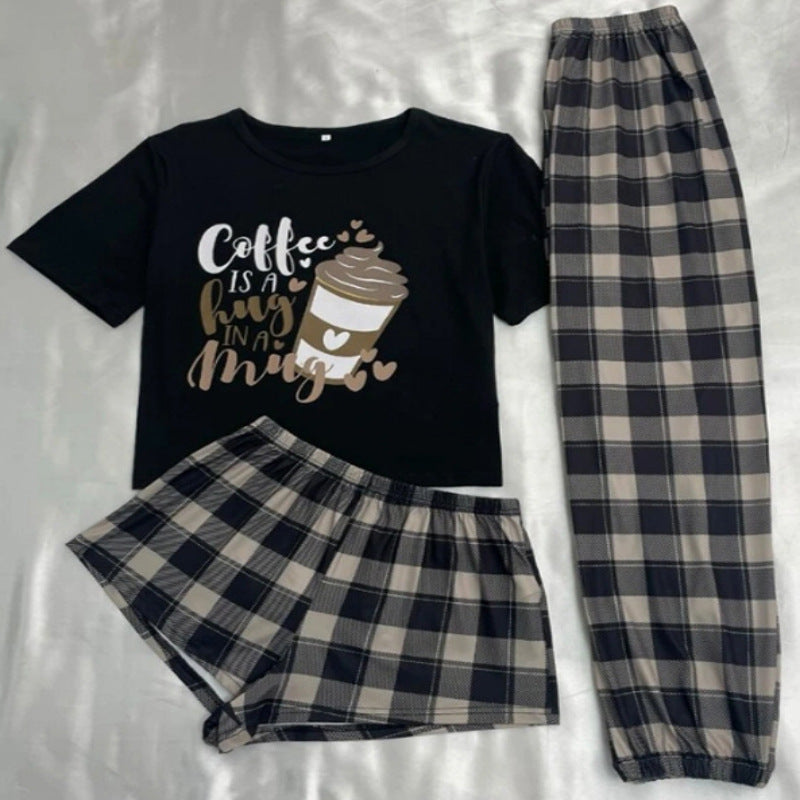 Driedelige pyjama voor dames, cartoon geruite shorts, broeken, huiskleding Nexora Store