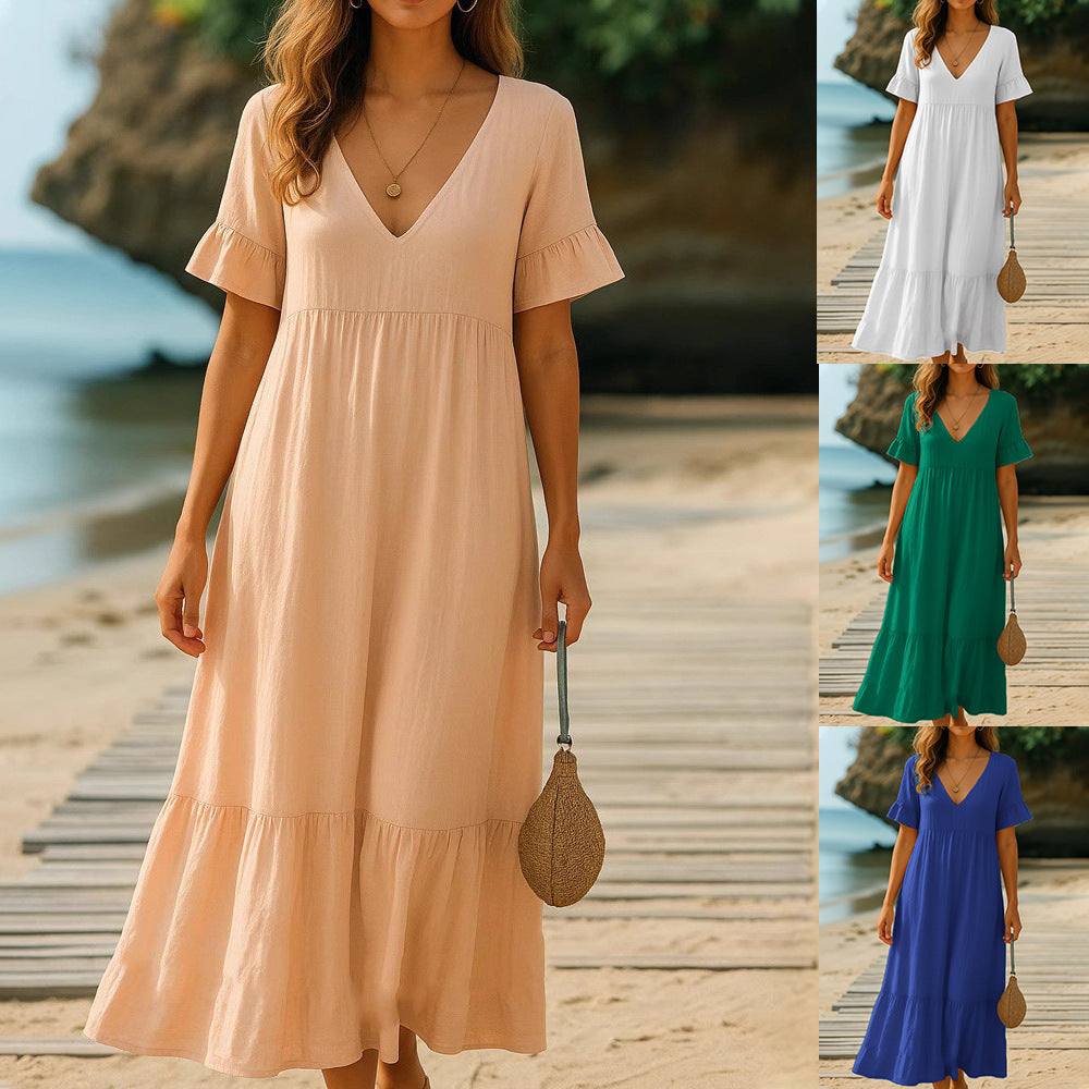 V-hals effen veelkleurige damesjurk met korte mouwen en middelhoge taille in verschillende kleuren