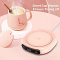 Koffiemokverwarmer warme onderzetter in roze met digitaal display en koffiemok erop