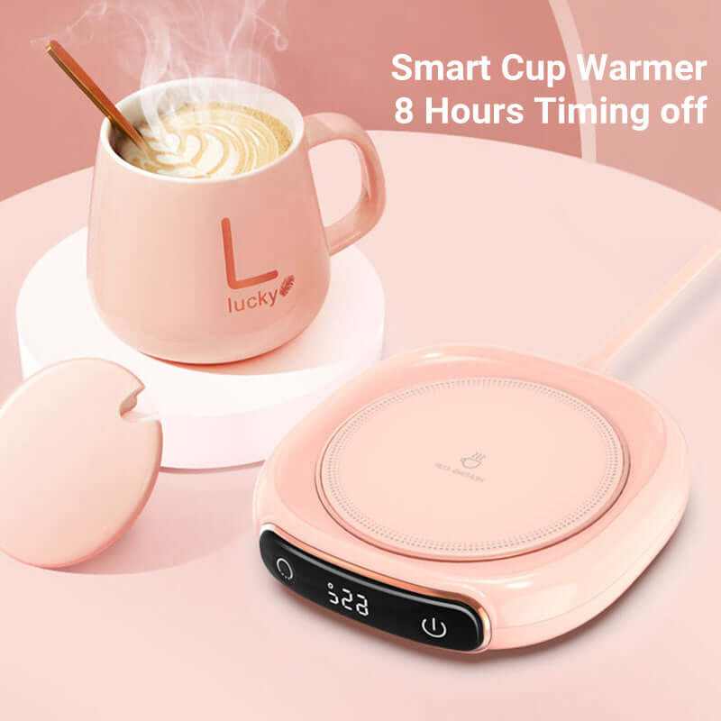 Koffiemokverwarmer warme onderzetter in roze met digitaal display en koffiemok erop