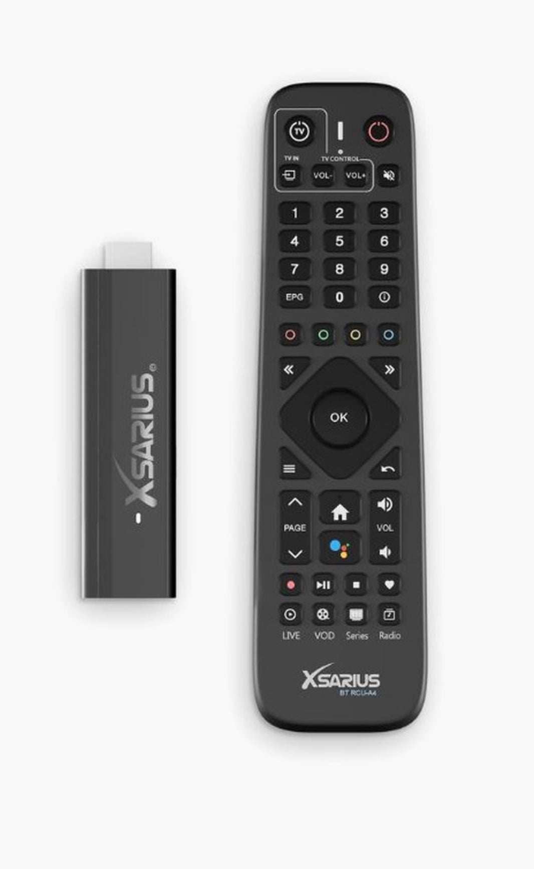 Xsarius AIR TV Stick 4K UHD Android 11 media player with Bluetooth remote and multiple connectivity ports
