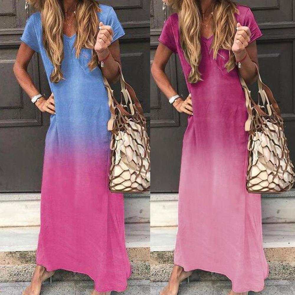 V-hals jurk met korte mouwen in ombre kleuren blauw en roze, maxi stijl, lichtgewicht melkzijde stof