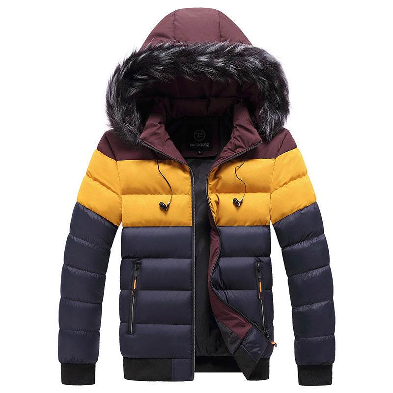 Donsjacks splitsen padded jacket with hood and fur trim in black, yellow, and beige color blocks