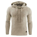 Beige knit men's hoodies sweater with drawstring hood and textured pattern