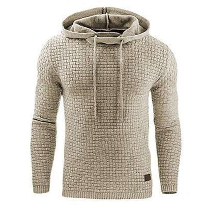 Beige knit men's hoodies sweater with drawstring hood and textured pattern