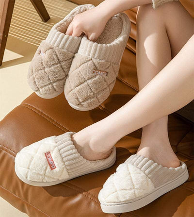 Solid Rhombic Letter Home Slippers Winter Warm Non-slip Floor Bedroom Plush Slipper For Couple House Shoes Women Men Nexora Store