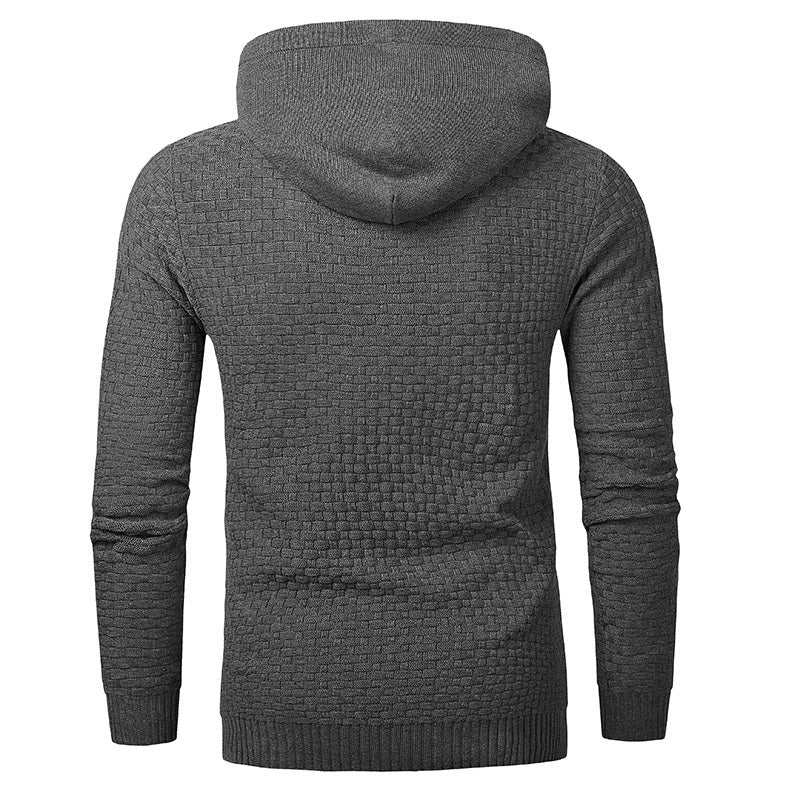 Men's hoodies sweater in dark gray textured fabric with hood, back view, made of 65% cotton and 35% polyester