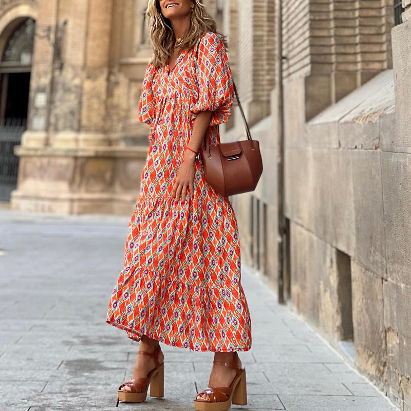 Zomerse dames vintage bedrukte bohemian jurk elegante dames casual losse V-hals korte mouwen lange jurken Nexora Store