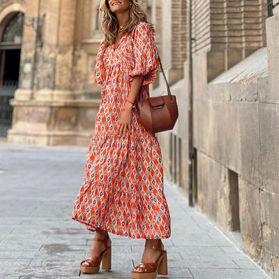 Zomerse dames vintage bedrukte bohemian jurk elegante dames casual losse V-hals korte mouwen lange jurken Nexora Store
