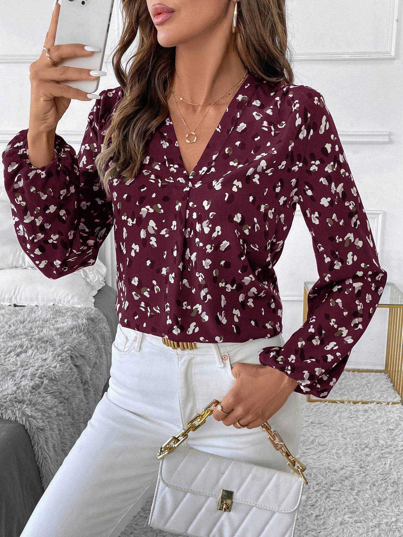 Elegante blouse met lange mouwen en V-hals voor dames, all-over print, tops met lange mouwen Nexora Store