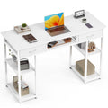 wit thuiskantoor bureau met lades en open opbergruimte, moderne design, laptop en accessoires erop geplaatst