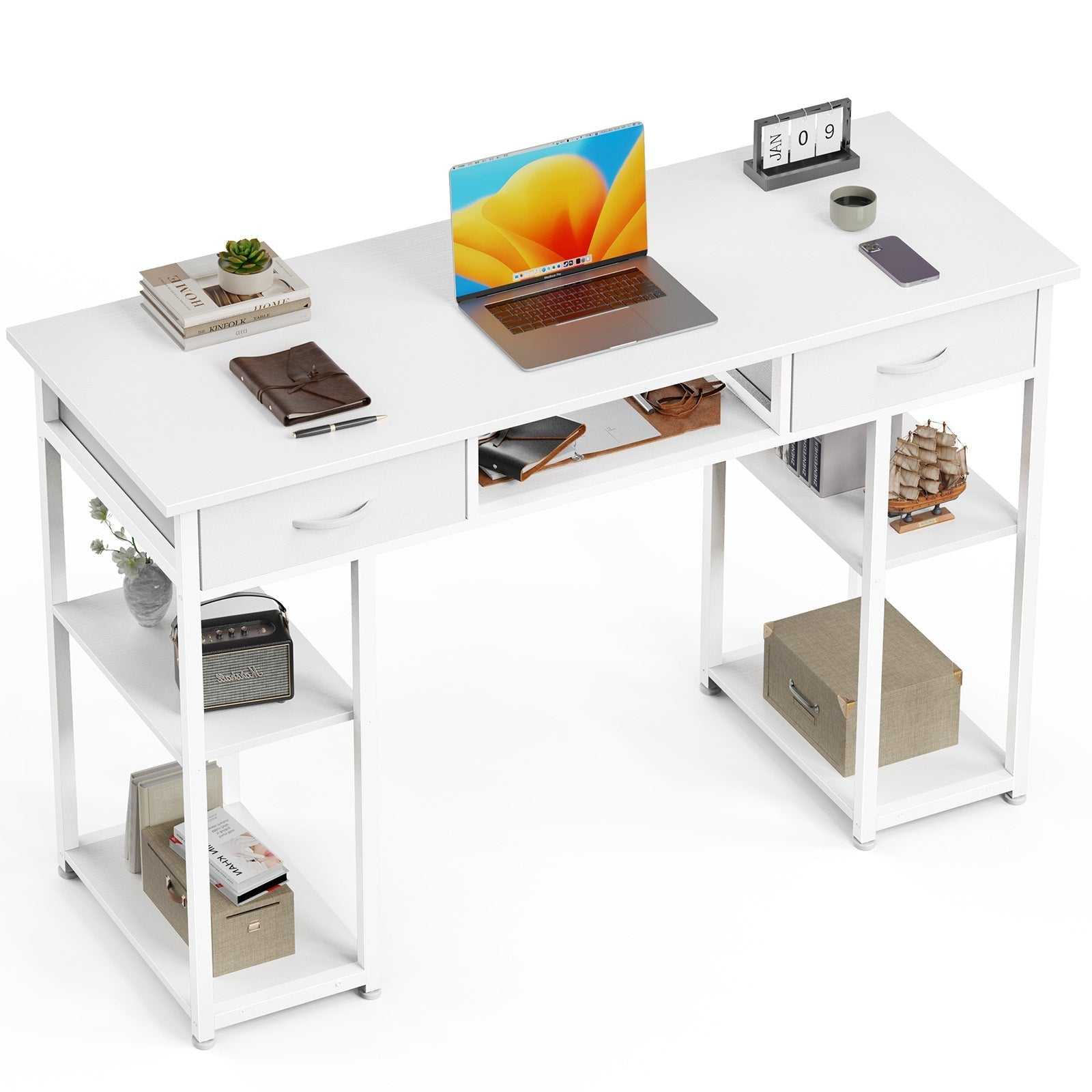 wit thuiskantoor bureau met lades en open opbergruimte, moderne design, laptop en accessoires erop geplaatst