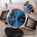 Casual herenhorloge met blauwe wijzerplaat, leren band en waterdicht ontwerp