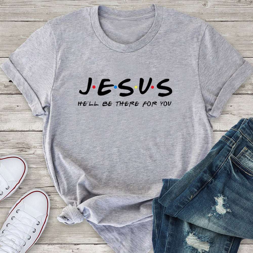 Grijze katoenen vrouwen T-shirt met Jezus Vrienden bedrukking en ronde hals