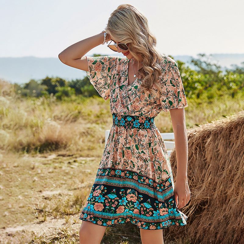 Hoge taille V-hals korte mouwen Boho print jurk Nexora Store
