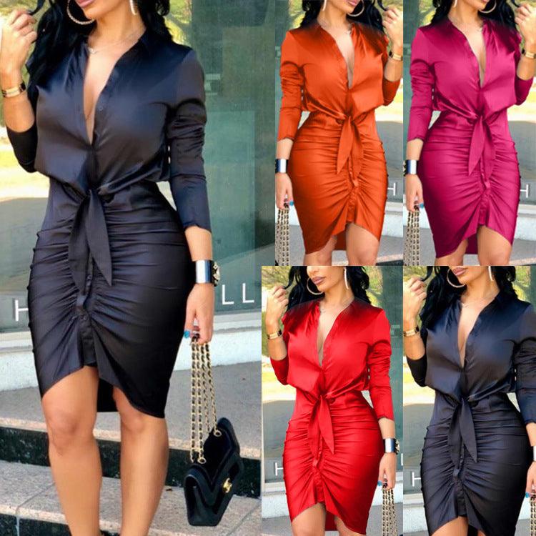 Vrouwen vetersluiting effen kleur midi jurk met lange mouwen en polokraag in diverse kleuren