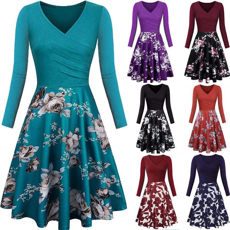 Elegante jurk met lange mouwen en V-hals en bloemenprint in A-lijn Nexora Store