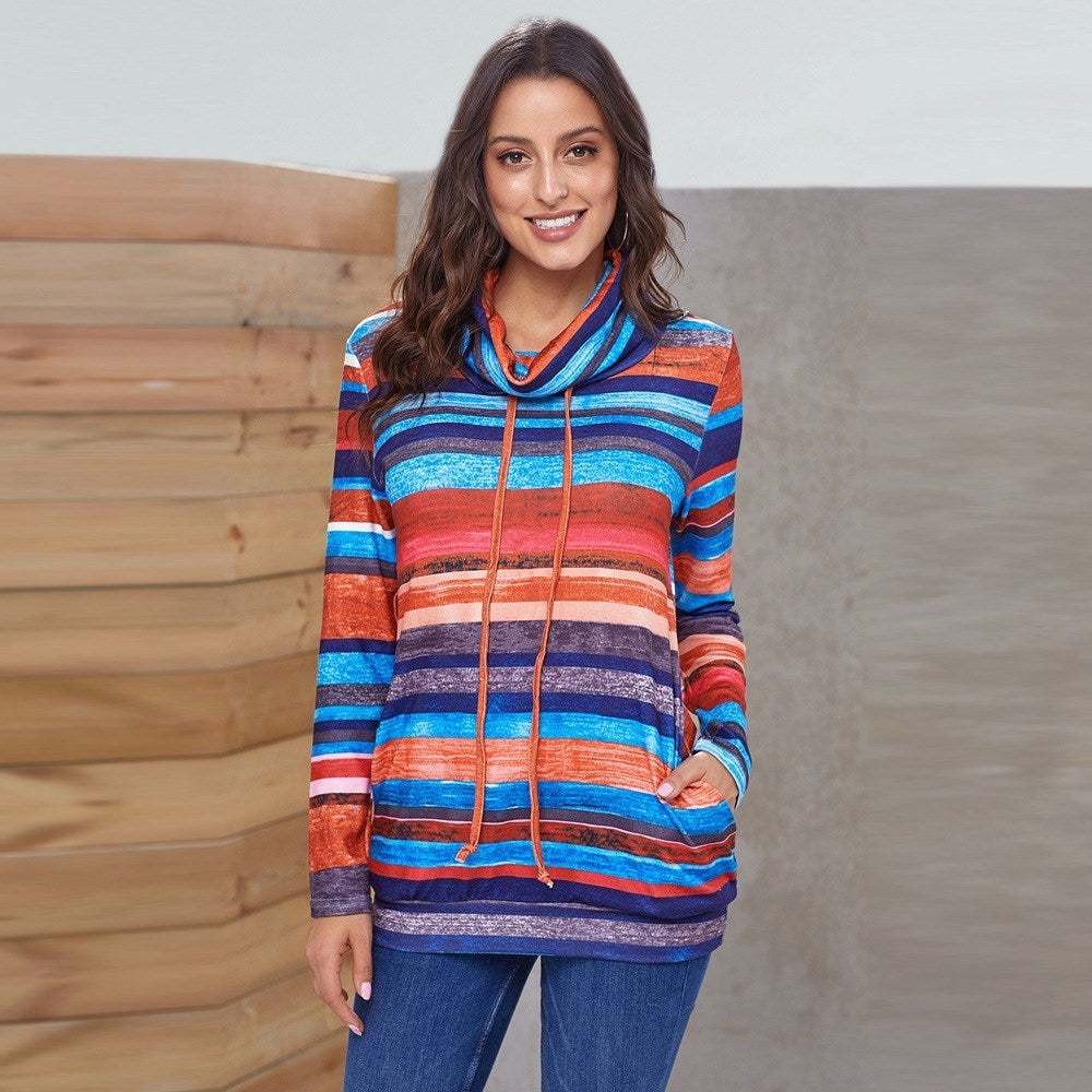Women’s splicing fleece long sleeve sweater with colorful horizontal stripes and cowl neck
