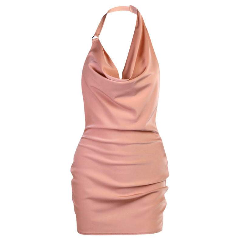 Roze satijnen feestjurk met halterhals en verstelbare spaghettibandjes, mini-middel lengte slipdress