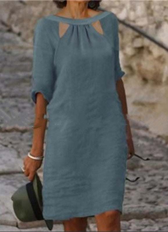 Plus size mode temperament jurk met ronde hals en korte mouwen in blauw