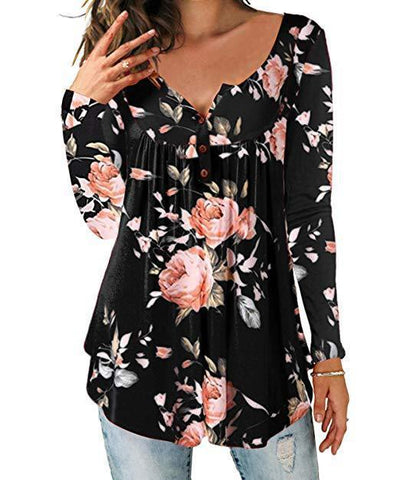 Geplooid bloemenshirt met lange mouwen en V-hals Nexora Store