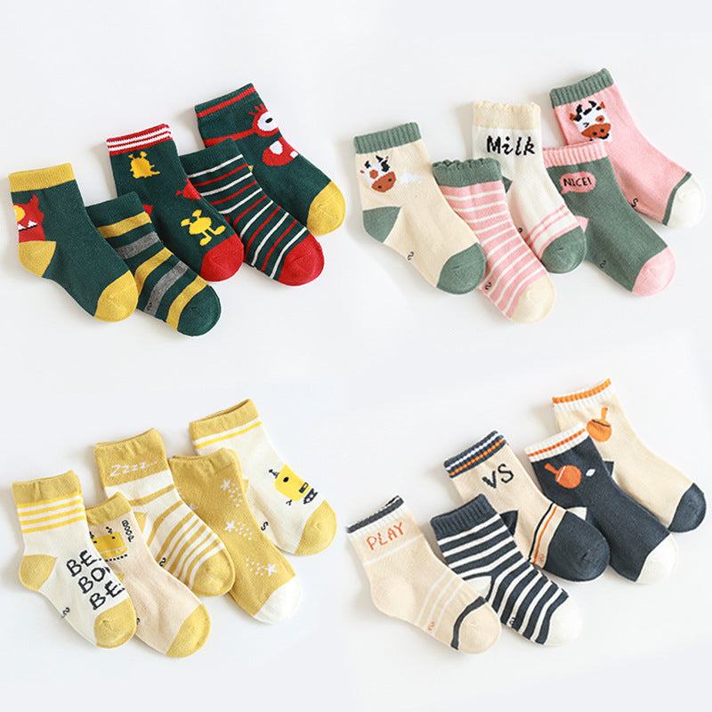 Set of colorful warm and breathable cartoonkousen children's socks made of combed cotton and jacquard, mid-calf length