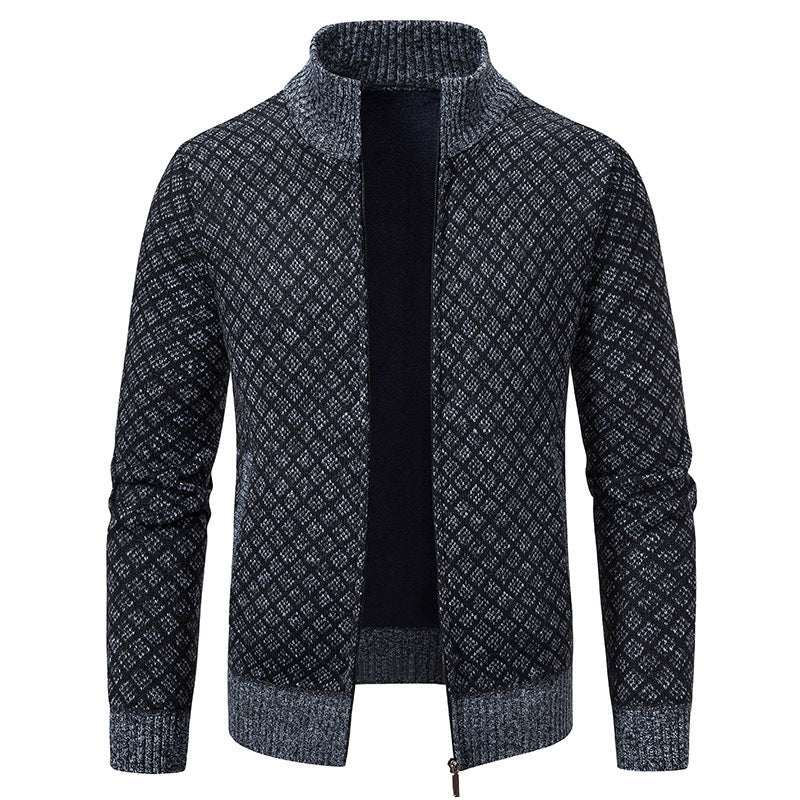 Thickened Plaid Print Jacket Cardigan Fashion Slim Fit Zipper Stand Collar Sweater Winter Men's Casual Long Sleeve Knitted Top Clothing Nexora Store