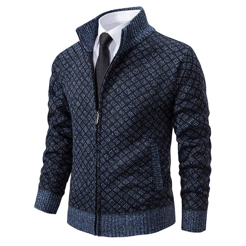 Thickened Plaid Print Jacket Cardigan Fashion Slim Fit Zipper Stand Collar Sweater Winter Men's Casual Long Sleeve Knitted Top Clothing Nexora Store