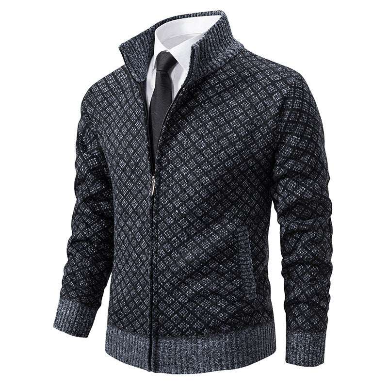 Thickened Plaid Print Jacket Cardigan Fashion Slim Fit Zipper Stand Collar Sweater Winter Men's Casual Long Sleeve Knitted Top Clothing Nexora Store
