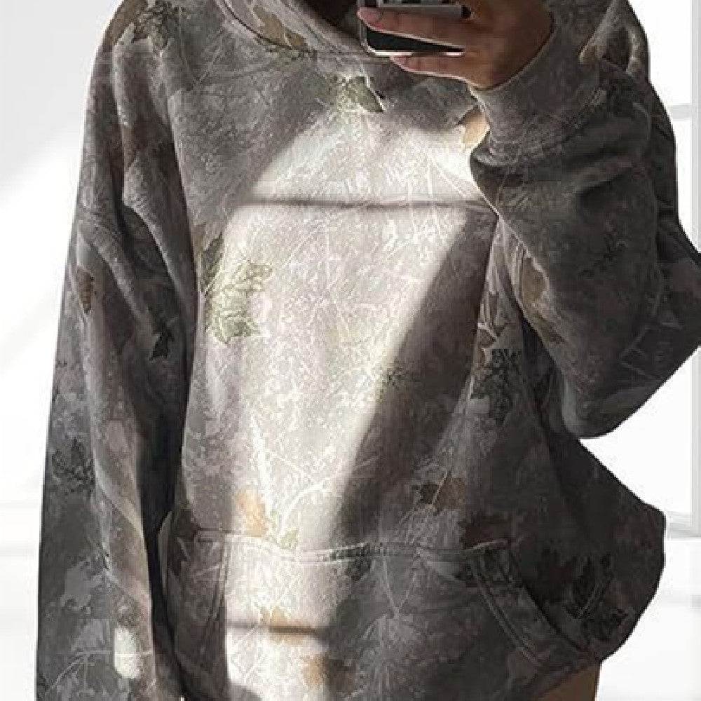 Casual damestop met zakken in kaki met planten- en bloemenprint, lange lantaarnmouwen en capuchon, los model pullover van polyester.