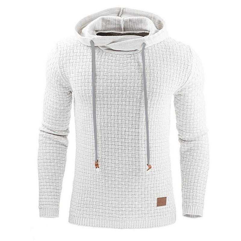 Men's hoodies sweater white textured knit fabric with drawstring hood and long sleeves