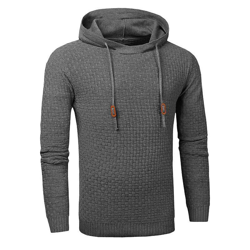 Men's gray hoodies sweater with textured fabric and drawstring hood, made of 65% cotton and 35% polyester