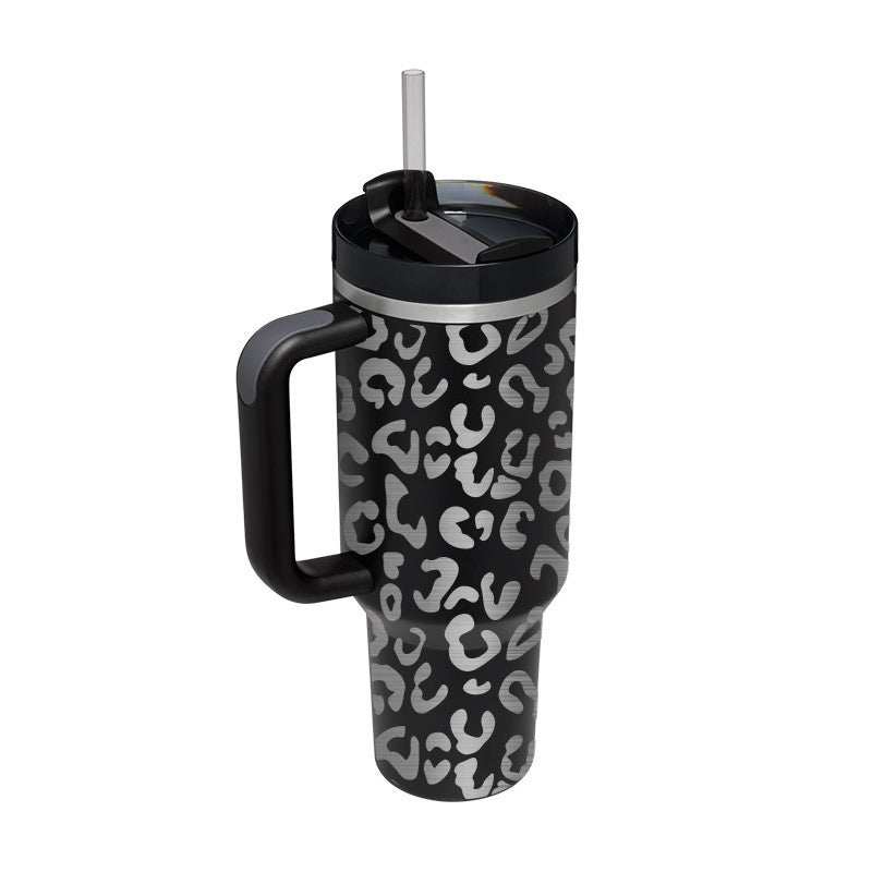 40 oz geïsoleerde roestvrijstalen tumbler met handvat en rietje, lekvrije koffiebeker met deksel, leopard print design