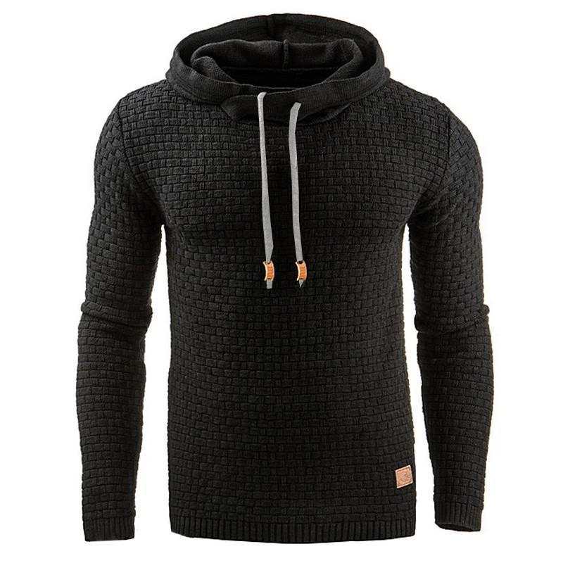 Black textured men's hoodies sweater with drawstring hood and ribbed cuffs