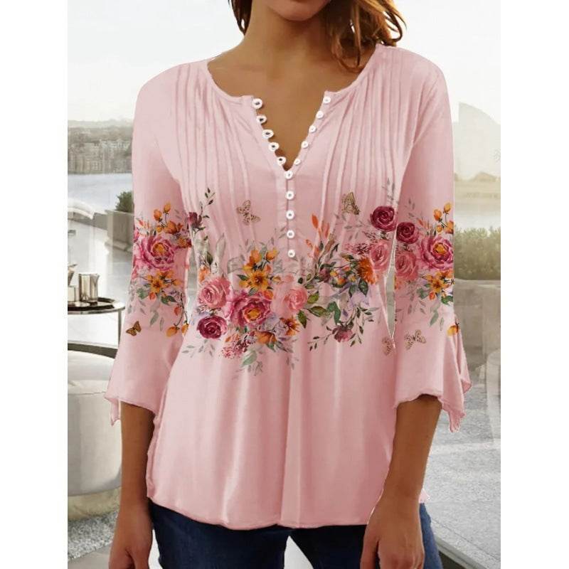 Modieus nieuw dames T-shirt met bloemenprint, V-hals, driekwartmouwen, geplooide knopen en basisshirt Nexora Store