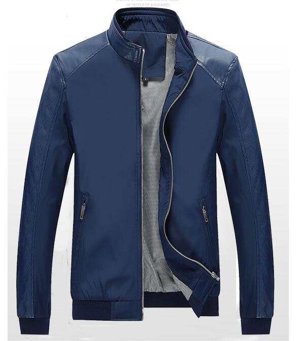 Blue PU patchwork jassen jacket with zipper and stand collar