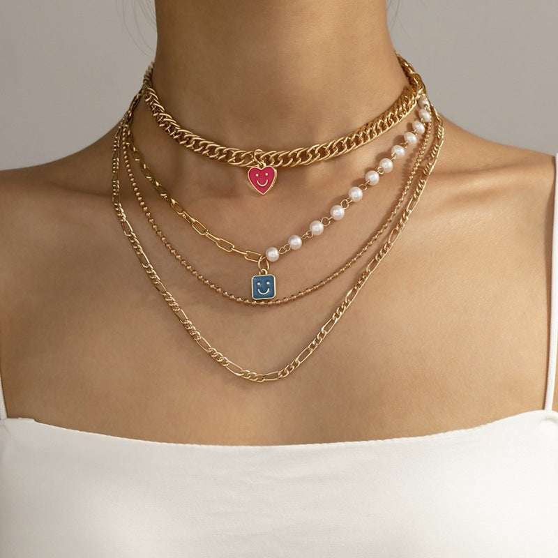 Enamel Smiley Face Charms Pearl Necklace Boho Gold Multi-layer Chunky Chain Statement Necklaces Chokers For Women Nexora Store