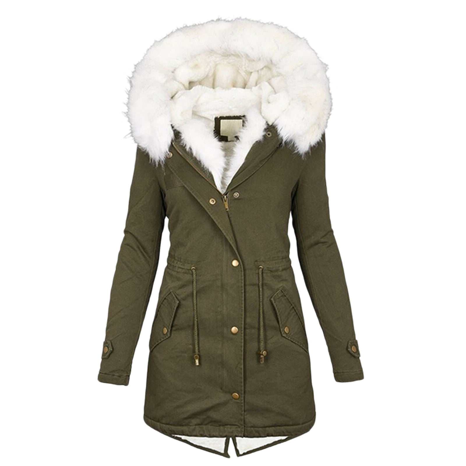 Dames katoenen jas groene parka met witte bontkraag en trekkoord taille