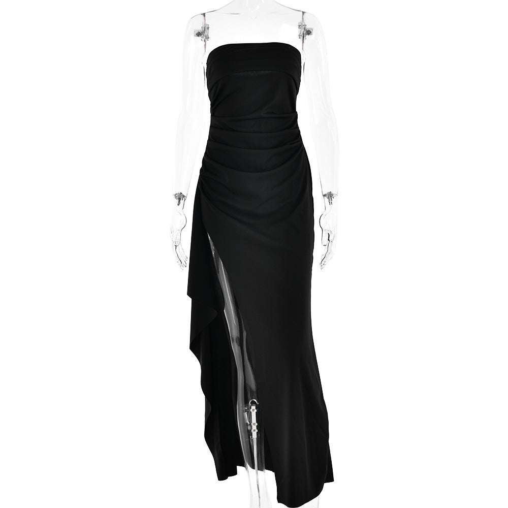 Strapless split lange zwarte jurk met hoge taille en A-lijn rok voor feestelijke gelegenheden