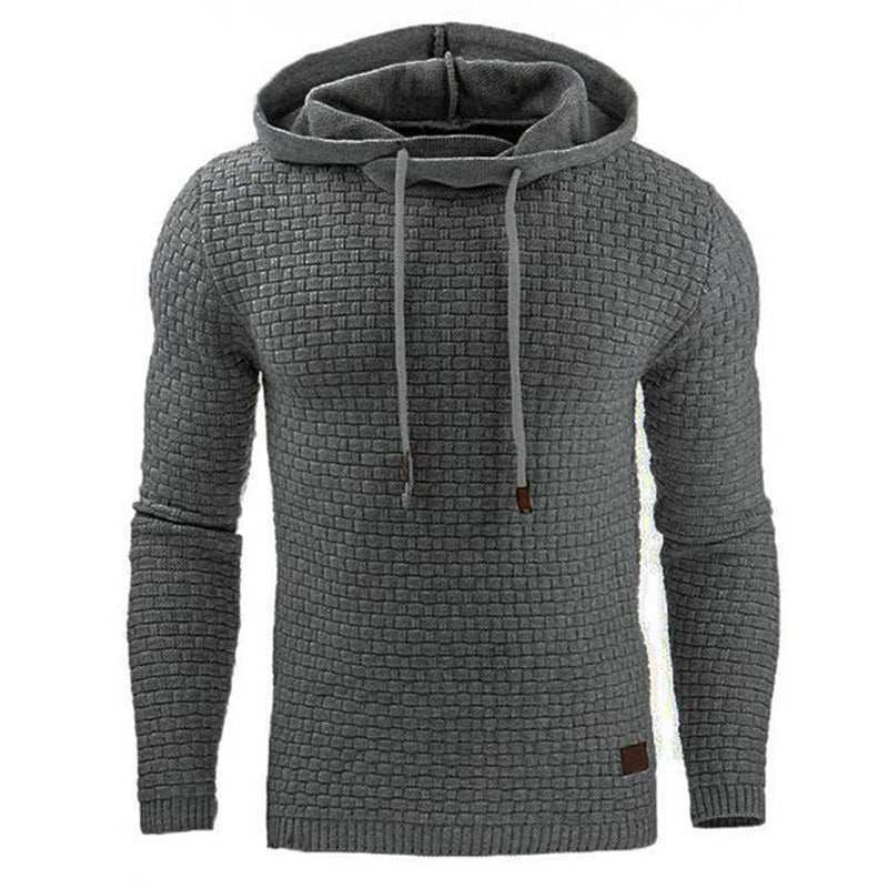 Men's gray textured hoodies sweater with drawstring hood and long sleeves